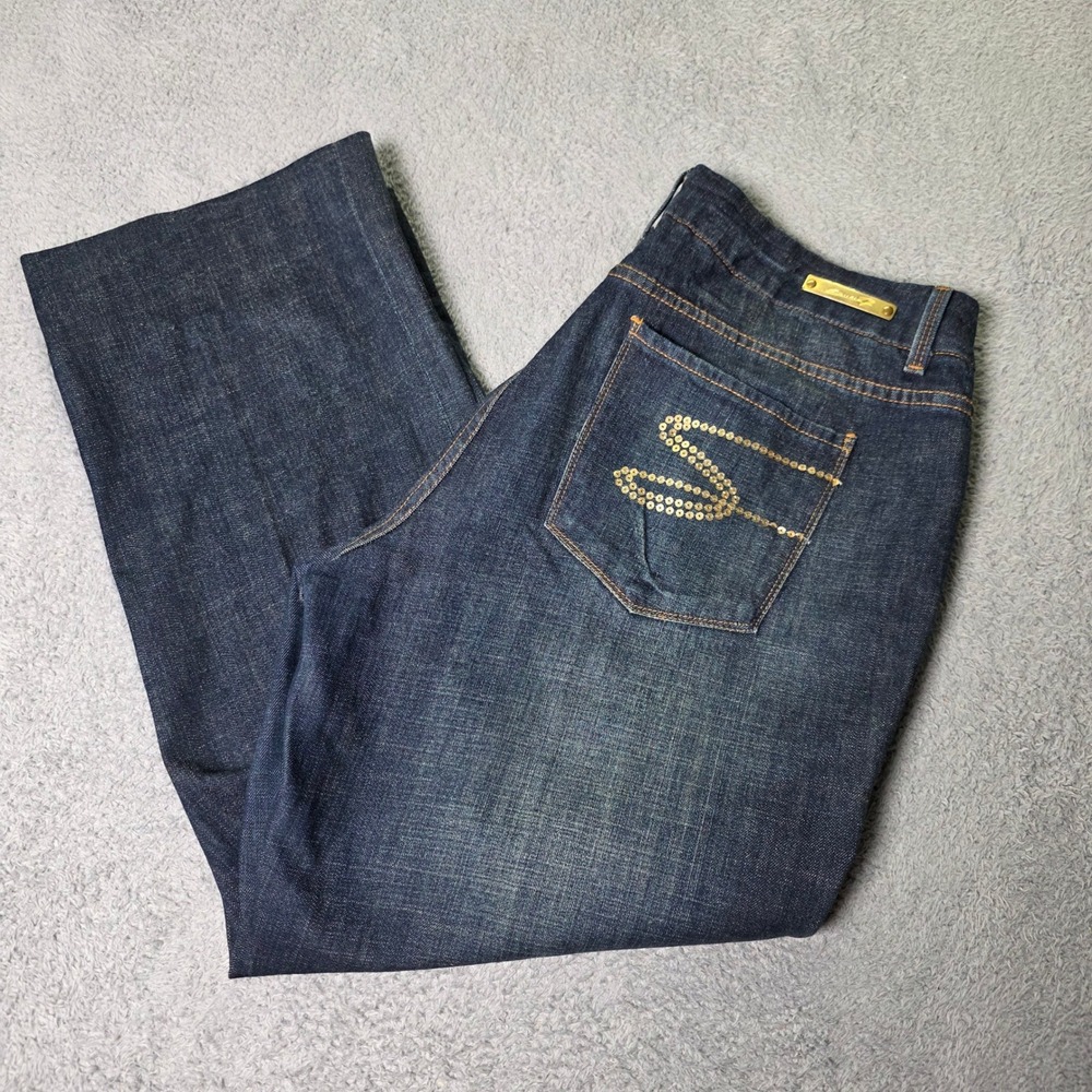 Seven7 Womens 18 Straight Leg Jeans Dark Wash Sequin Logo Stretch Denim ALTERED